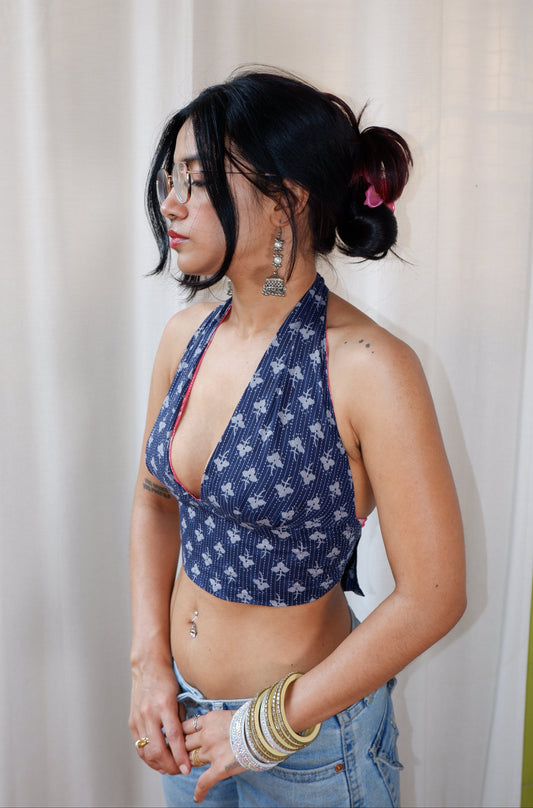 Backless GEET halter neck top in pure cotton with a playful pink mirage print.