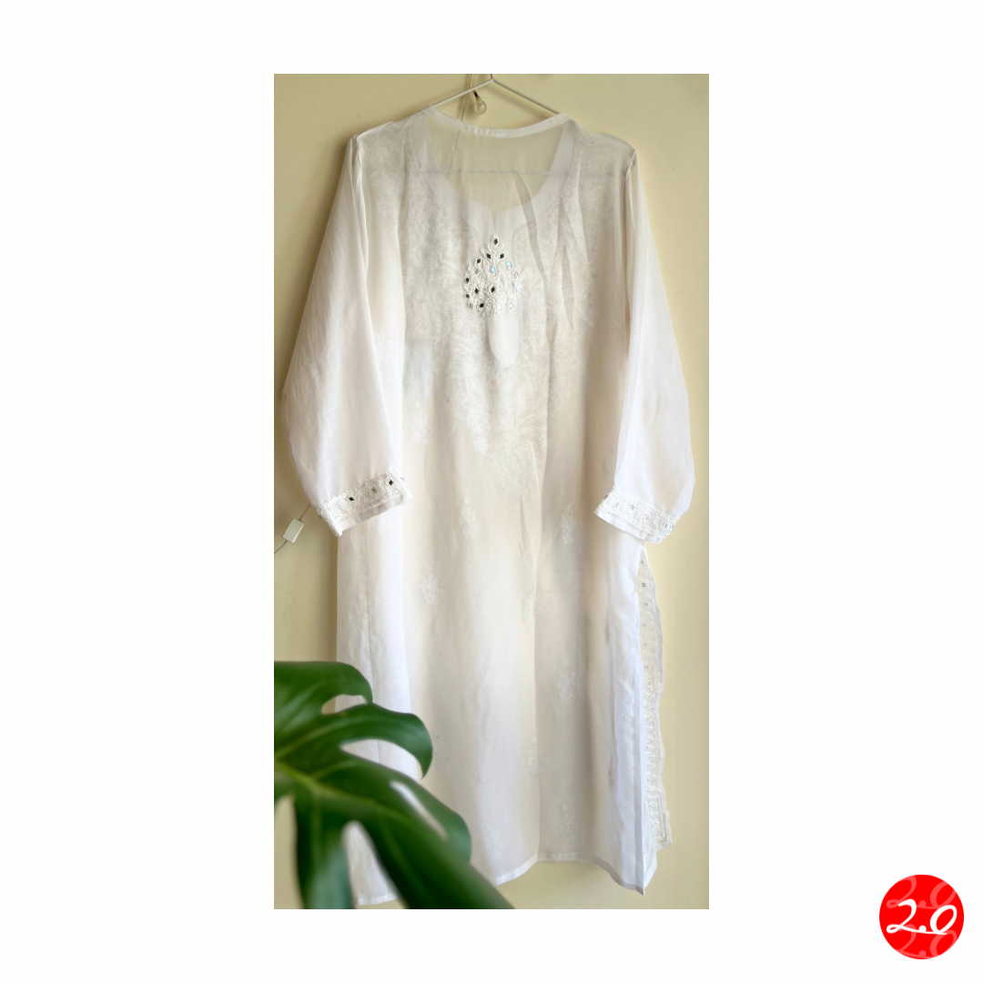 Pristine white Mirror Chikankari Kurti