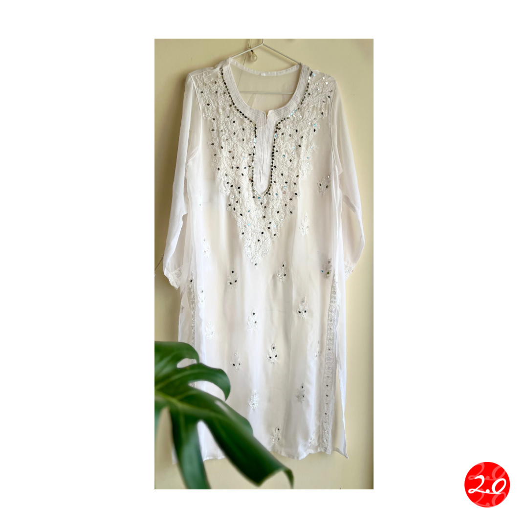 Pristine white Mirror Chikankari Kurti