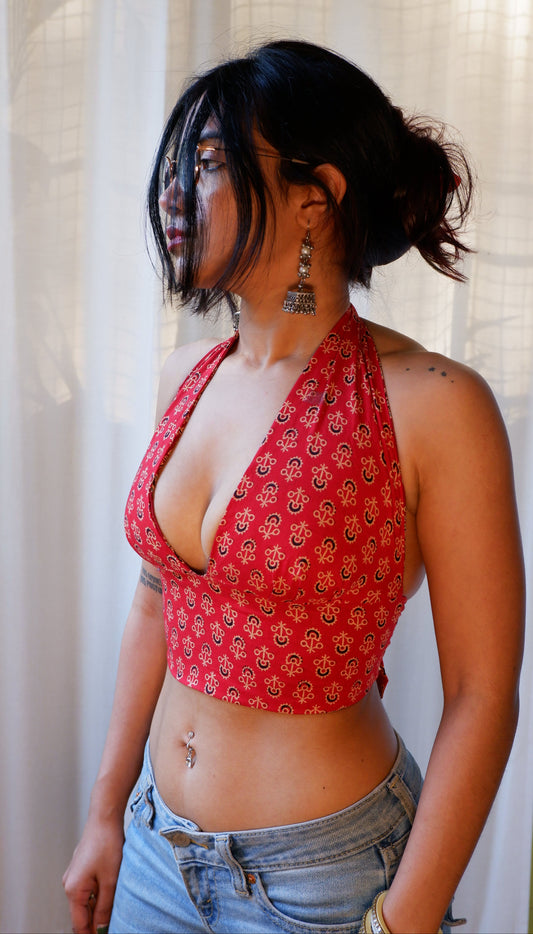 Backless GEET halter neck top in pure cotton with a playful ajrakh print.