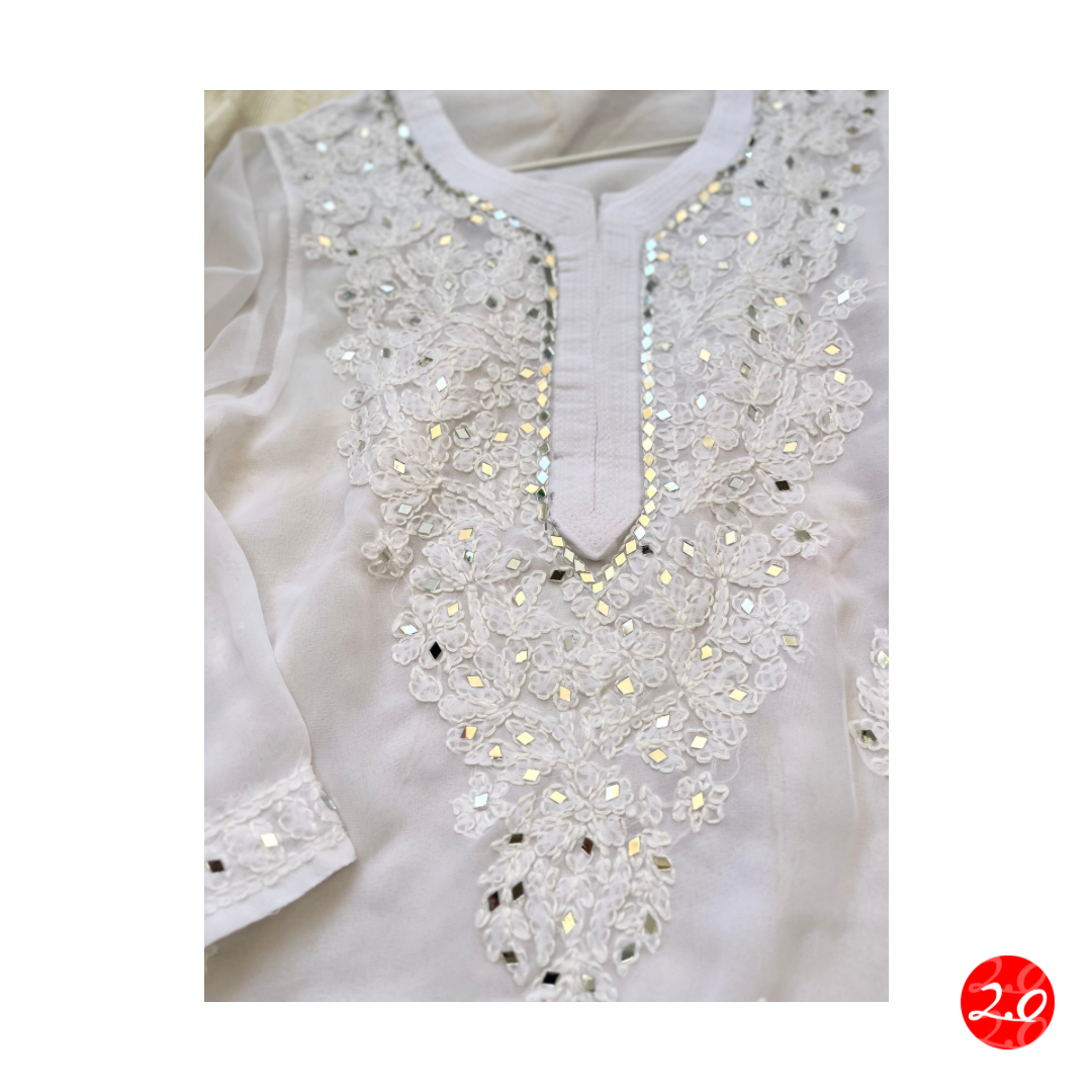 Pristine white Mirror Chikankari Kurti