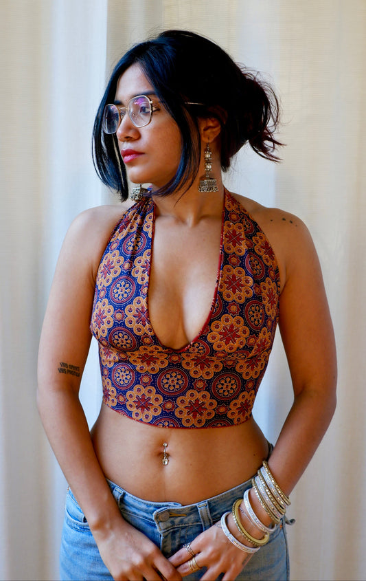 Backless GEET halter neck crop top in pure cotton with a playful Mosai print.