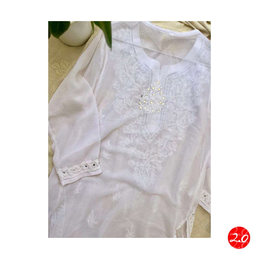 Pristine white Mirror Chikankari Kurti