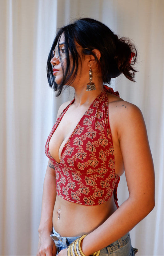 Backless GEET halter neck top in pure cotton with a playful ajrakh print.