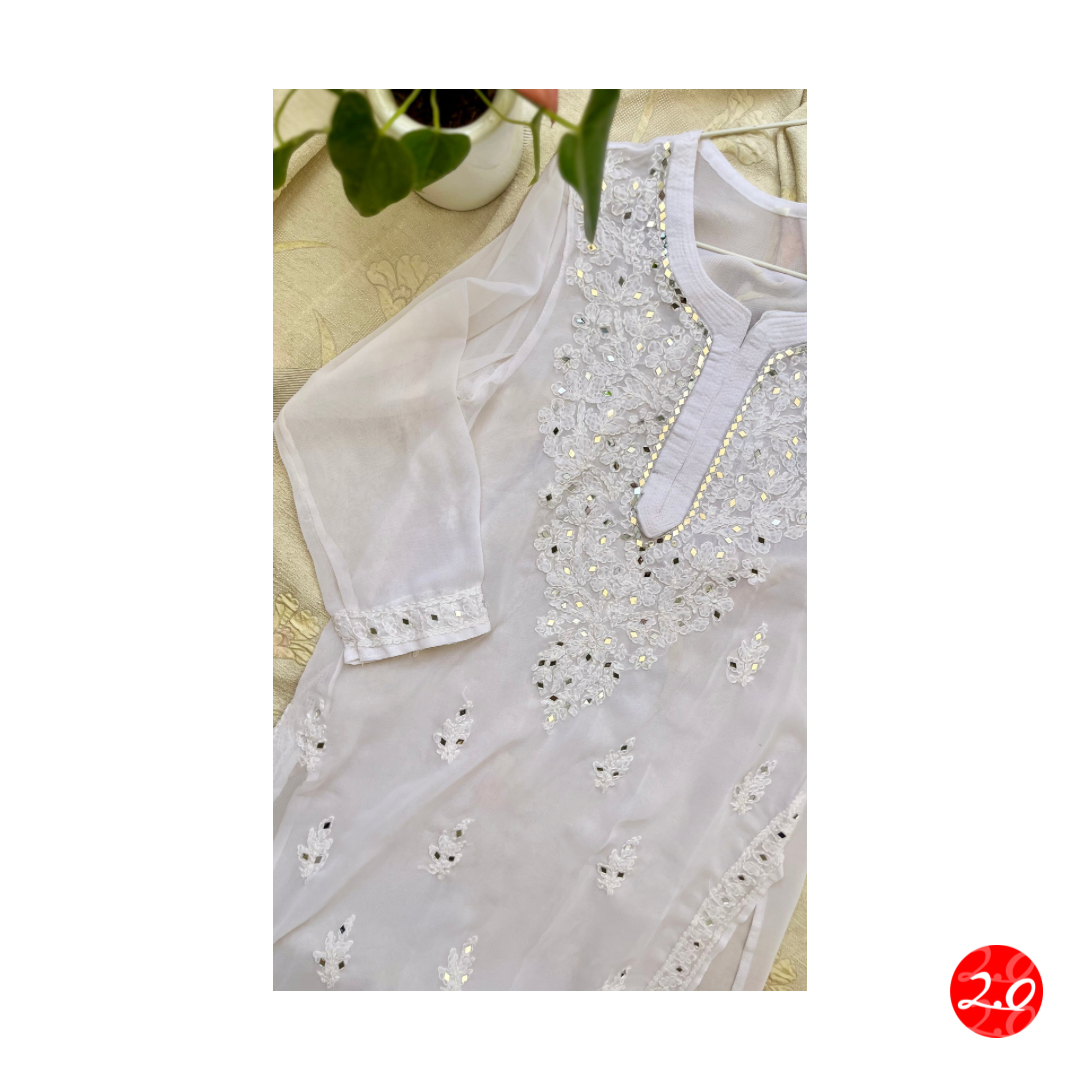 Pristine white Mirror Chikankari Kurti
