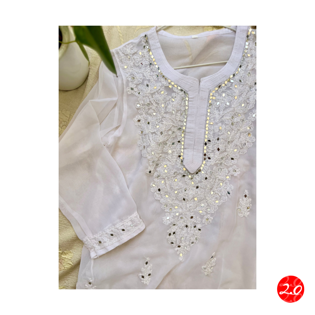 Pristine white Mirror Chikankari Kurti