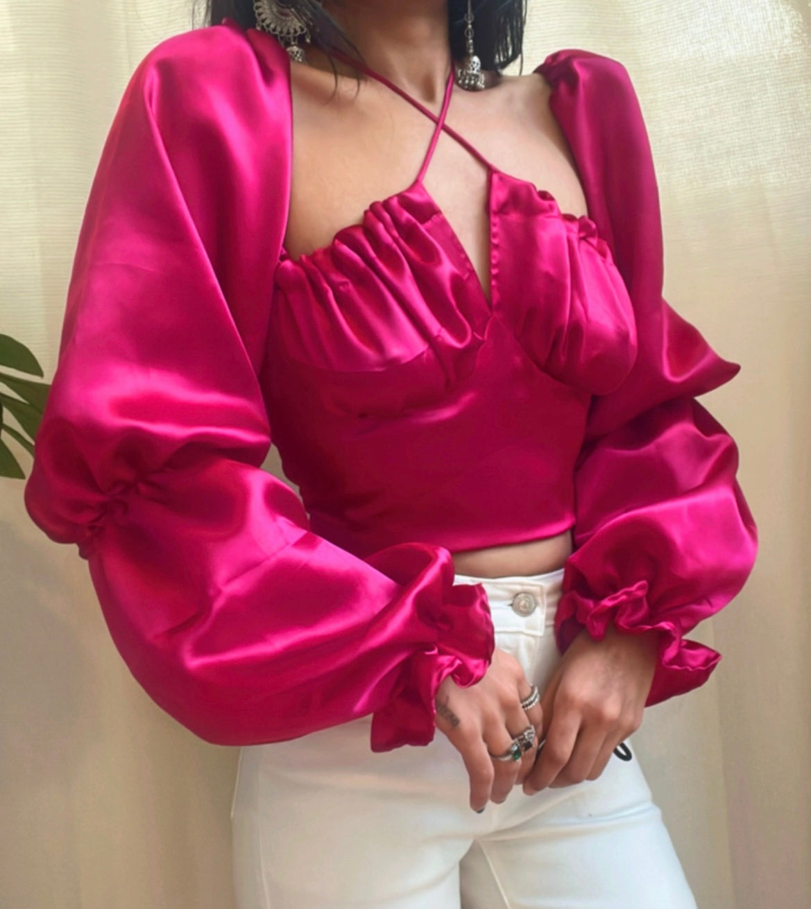 Magenta Satin Milkmaid Top
