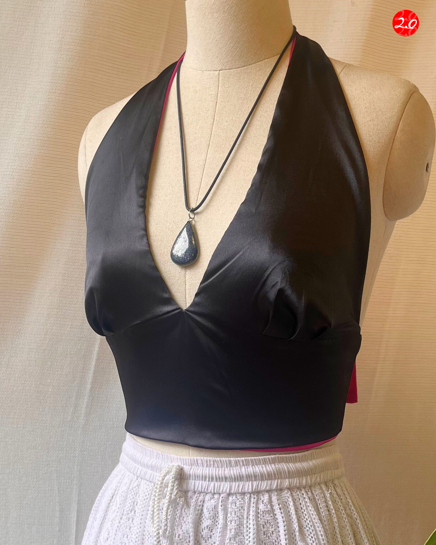Magenta-Black Satin Reversible Halter Top