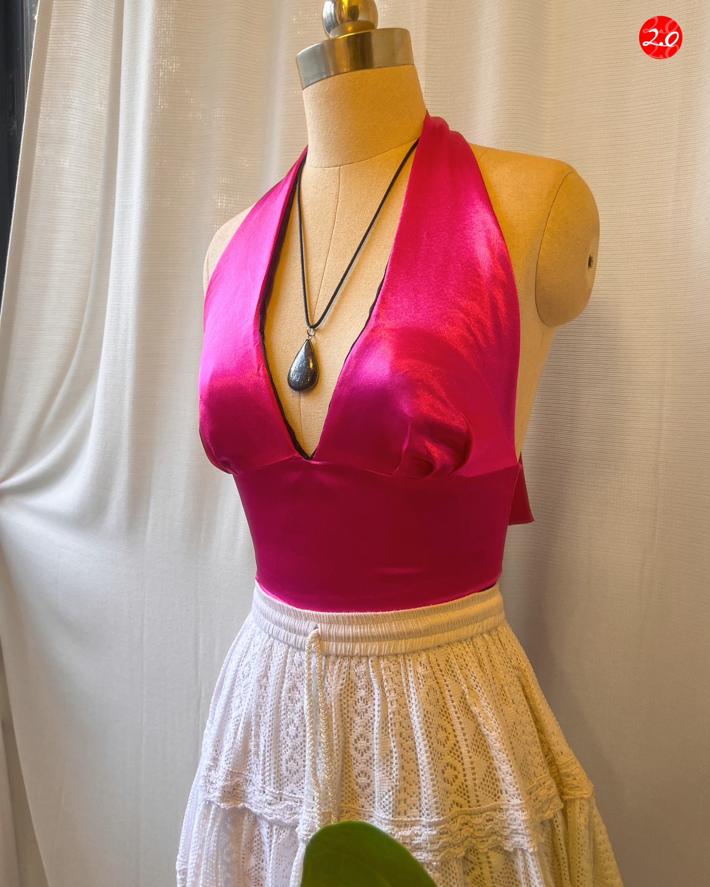 Magenta-Black Satin Reversible Halter Top