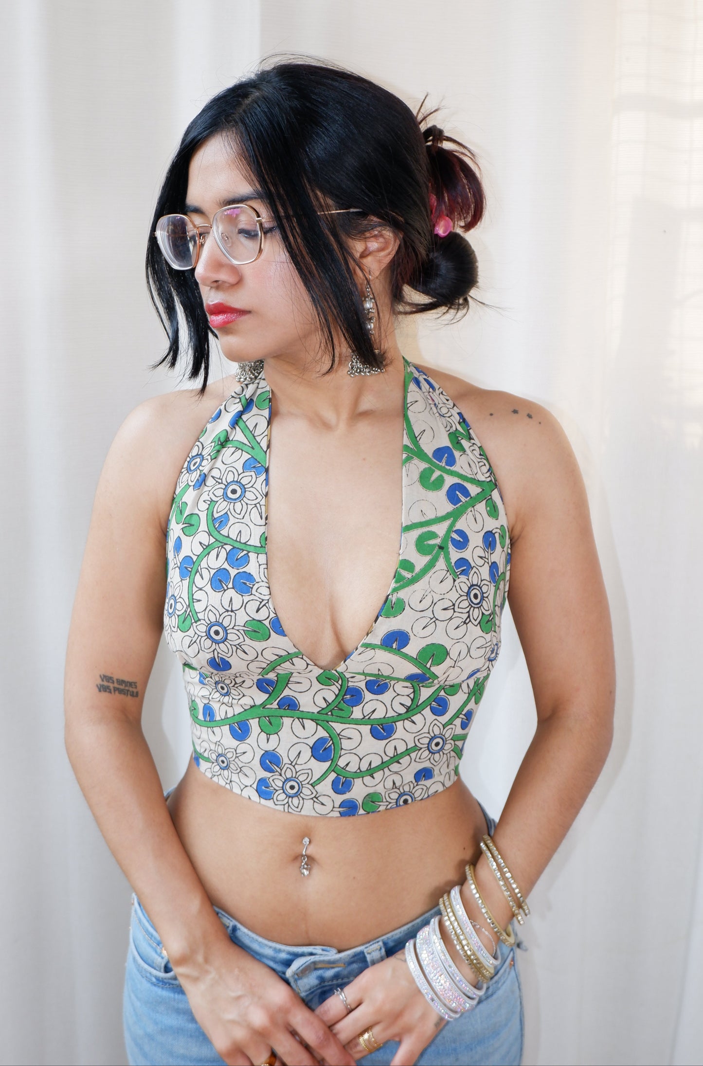 Backless GEET halter neck top in pure cotton with a playful botanic muse print.