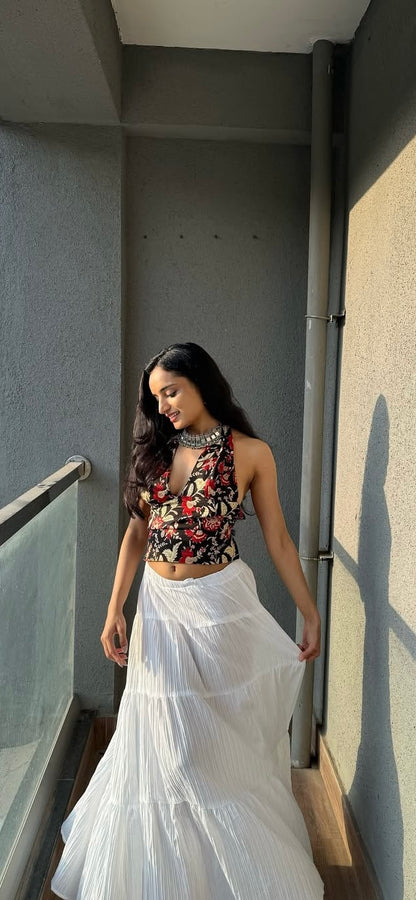 Backless GEET halter neck top in pure cotton with a playful midnight mustard print.