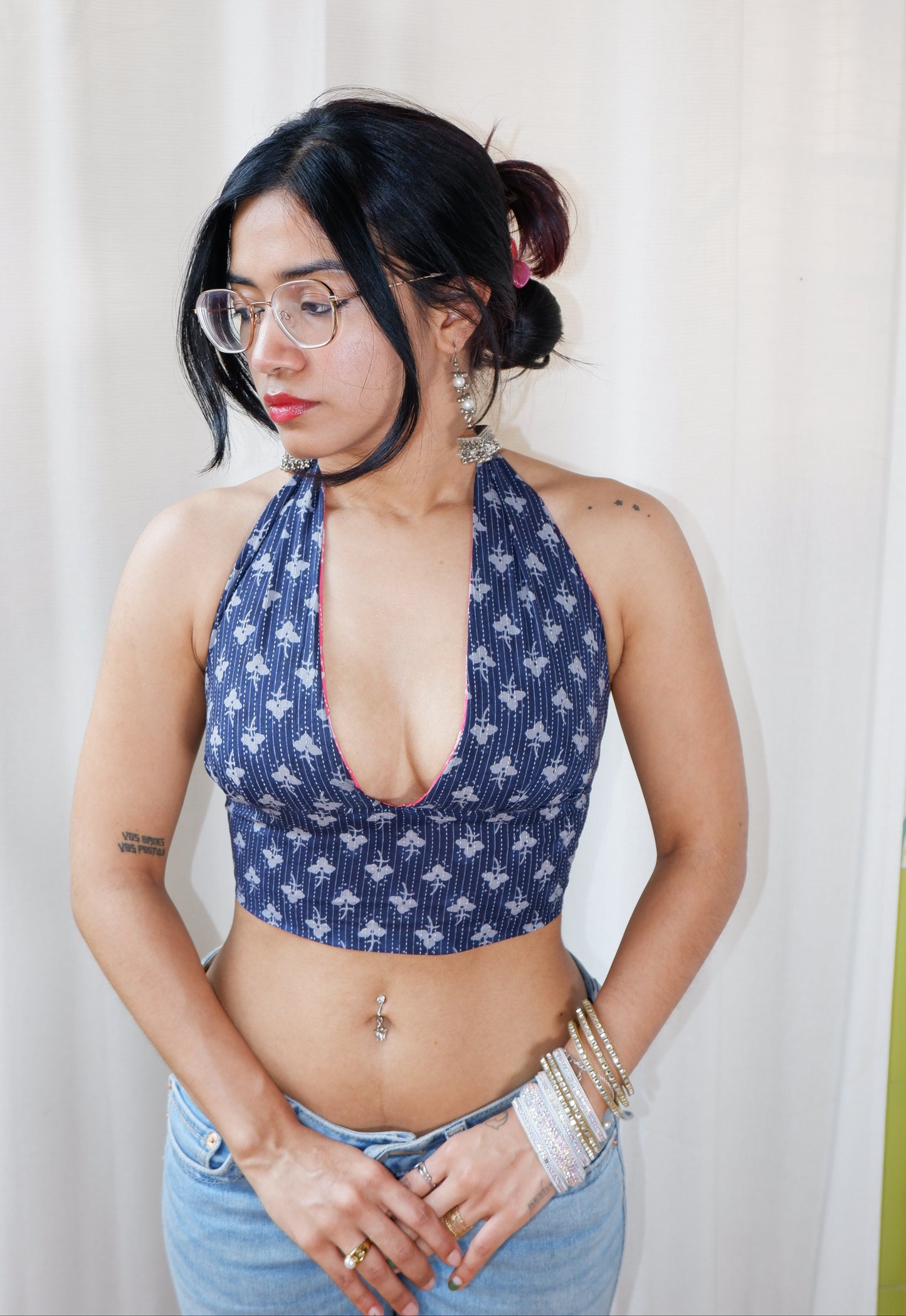 Backless GEET halter neck top in pure cotton with a playful pink mirage print.