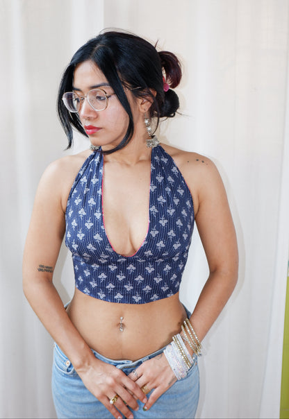 Backless GEET halter neck top in pure cotton with a playful pink mirage print.