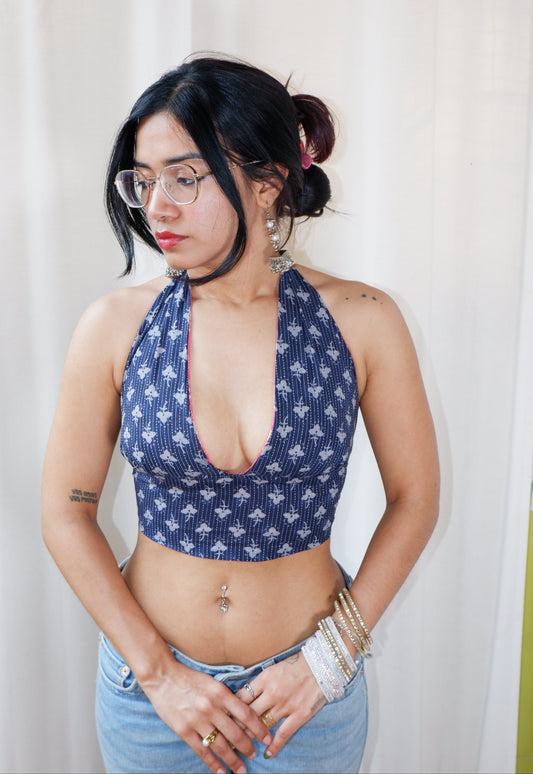 Backless GEET halter neck top in pure cotton with a playful pink mirage print.