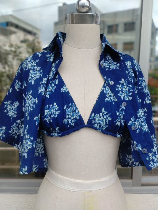 Indigo Floral combo: Crop shirt + Bikini Top