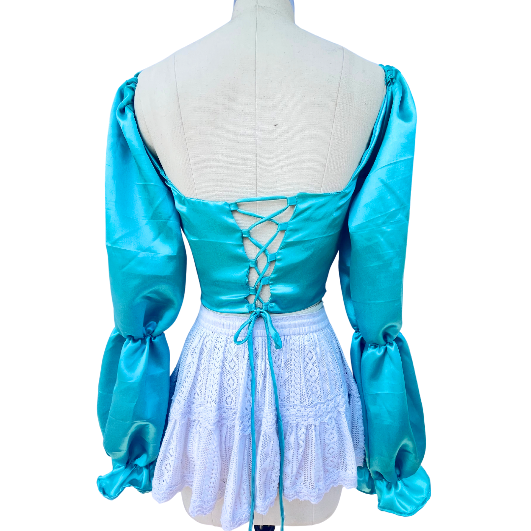 Turquoise Satin Milkmaid Top