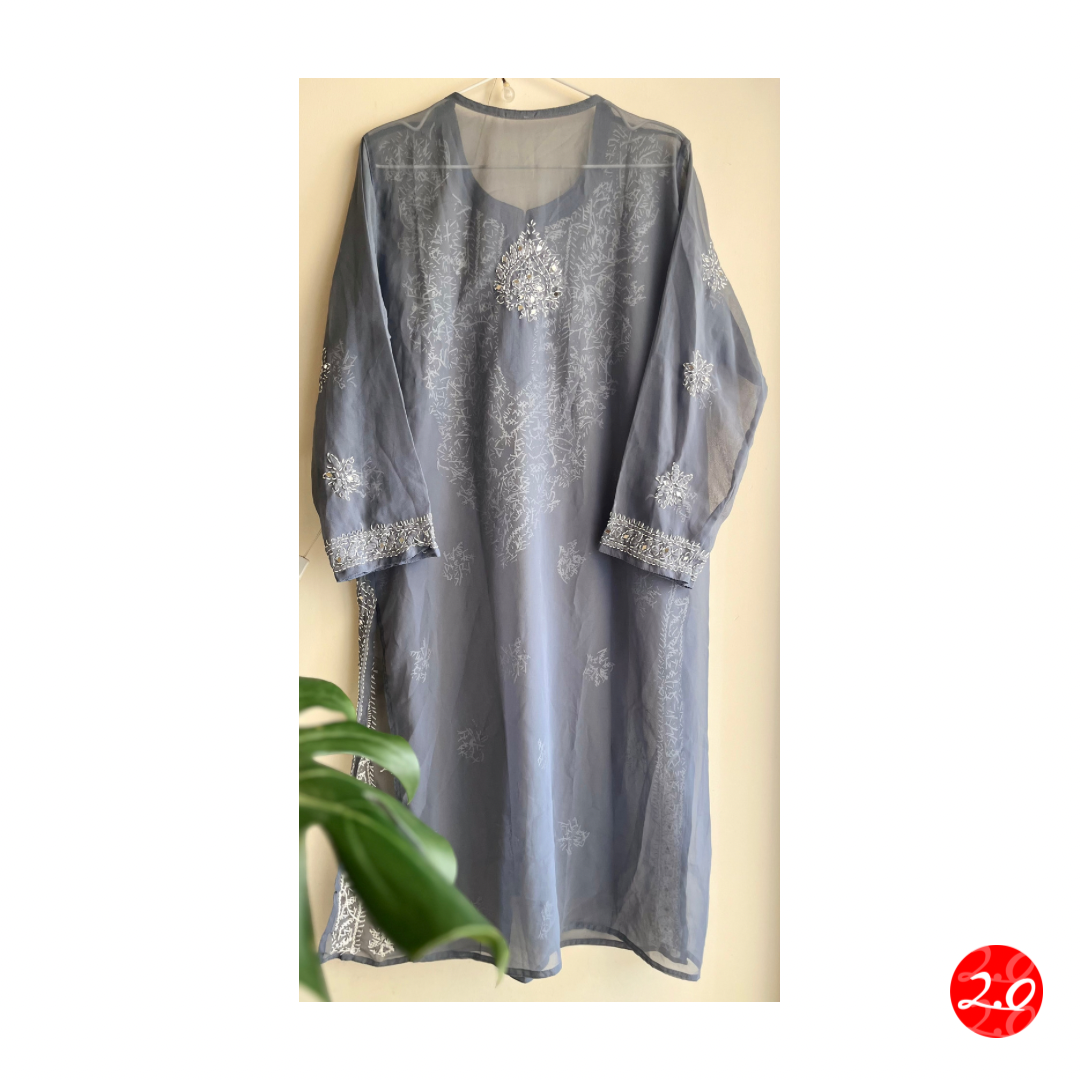 Pearl-Grey Mirror Chikankari Kurti