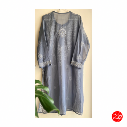 Pearl-Grey Mirror Chikankari Kurti