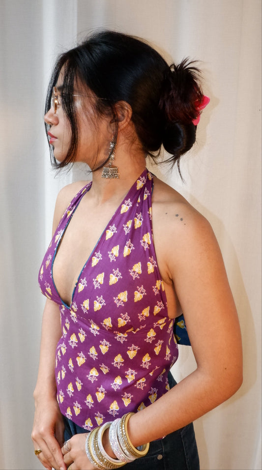 Backless GEET halter neck top in pure cotton with a playful botanical blue print.