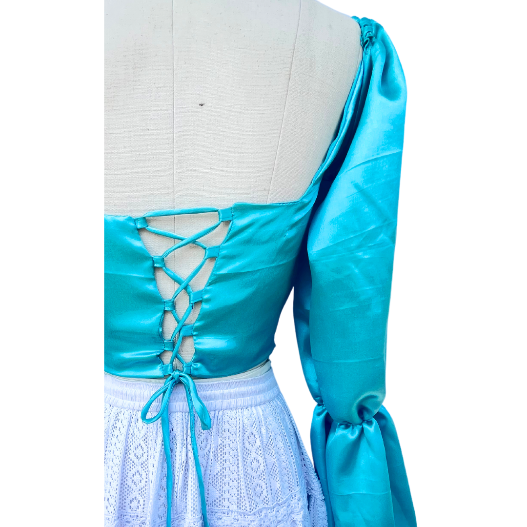 Turquoise Satin Milkmaid Top