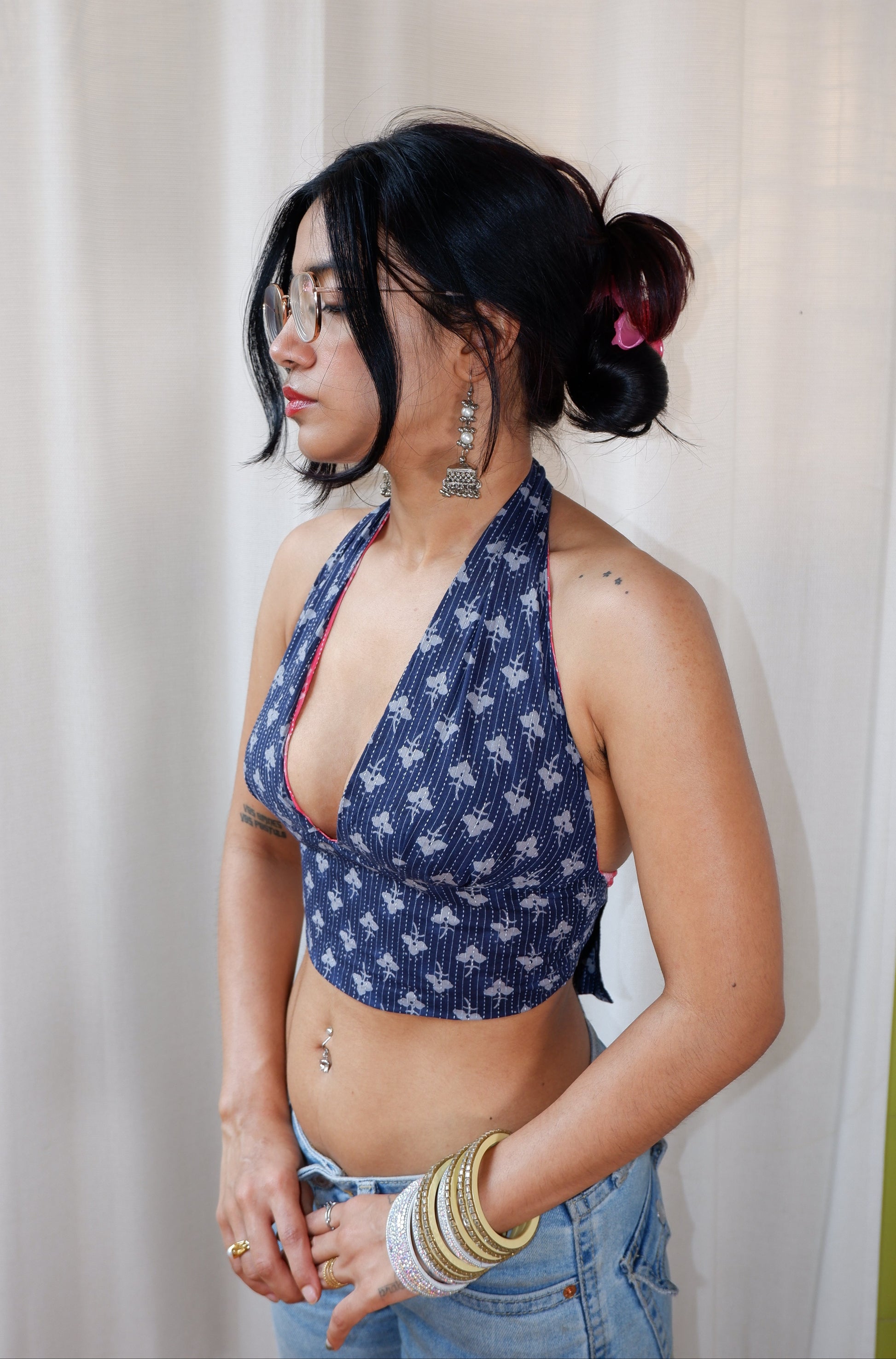 Backless GEET halter neck top in pure cotton with a playful pink mirage print.