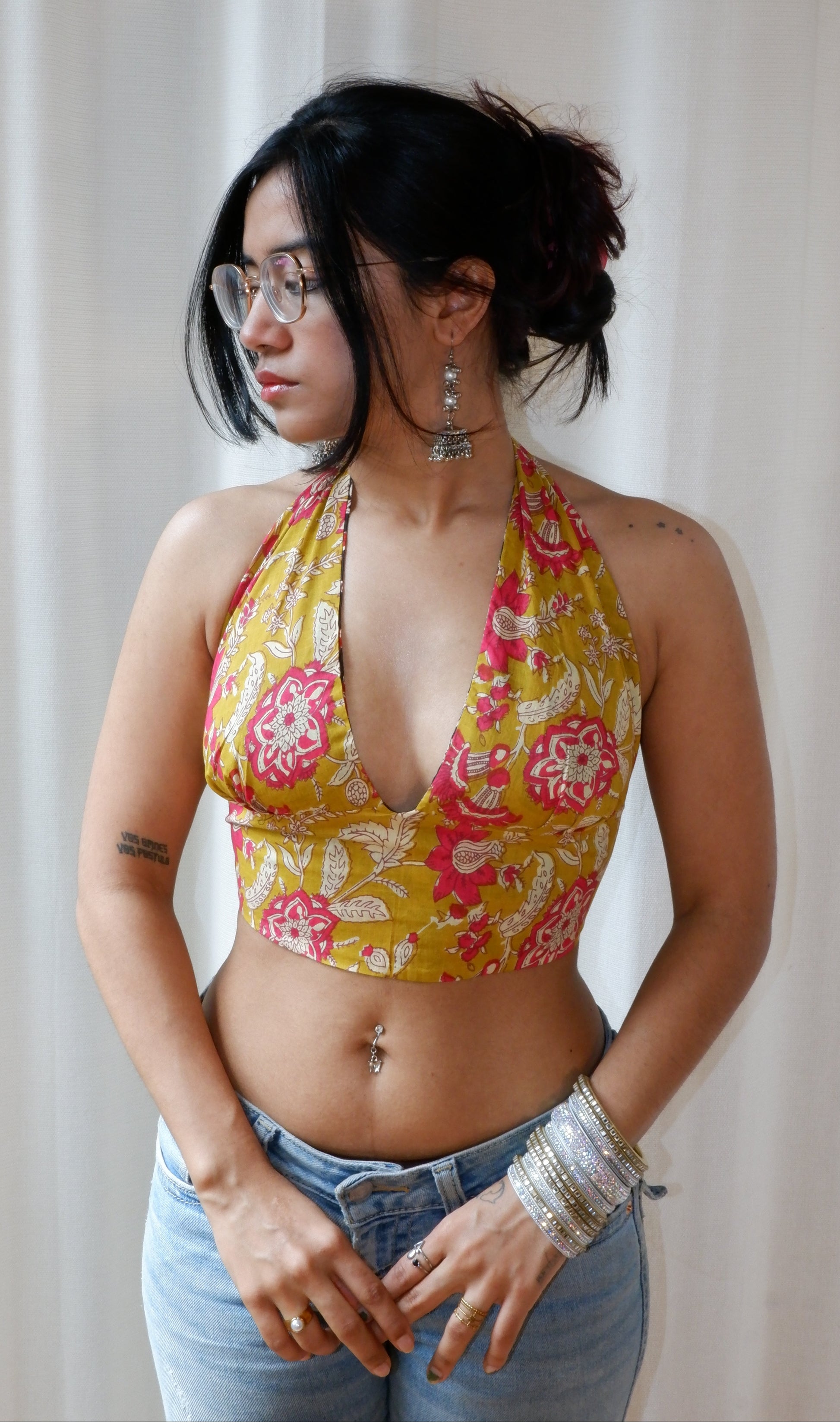 Backless GEET halter neck crop top in pure cotton with a playful goldrush print.