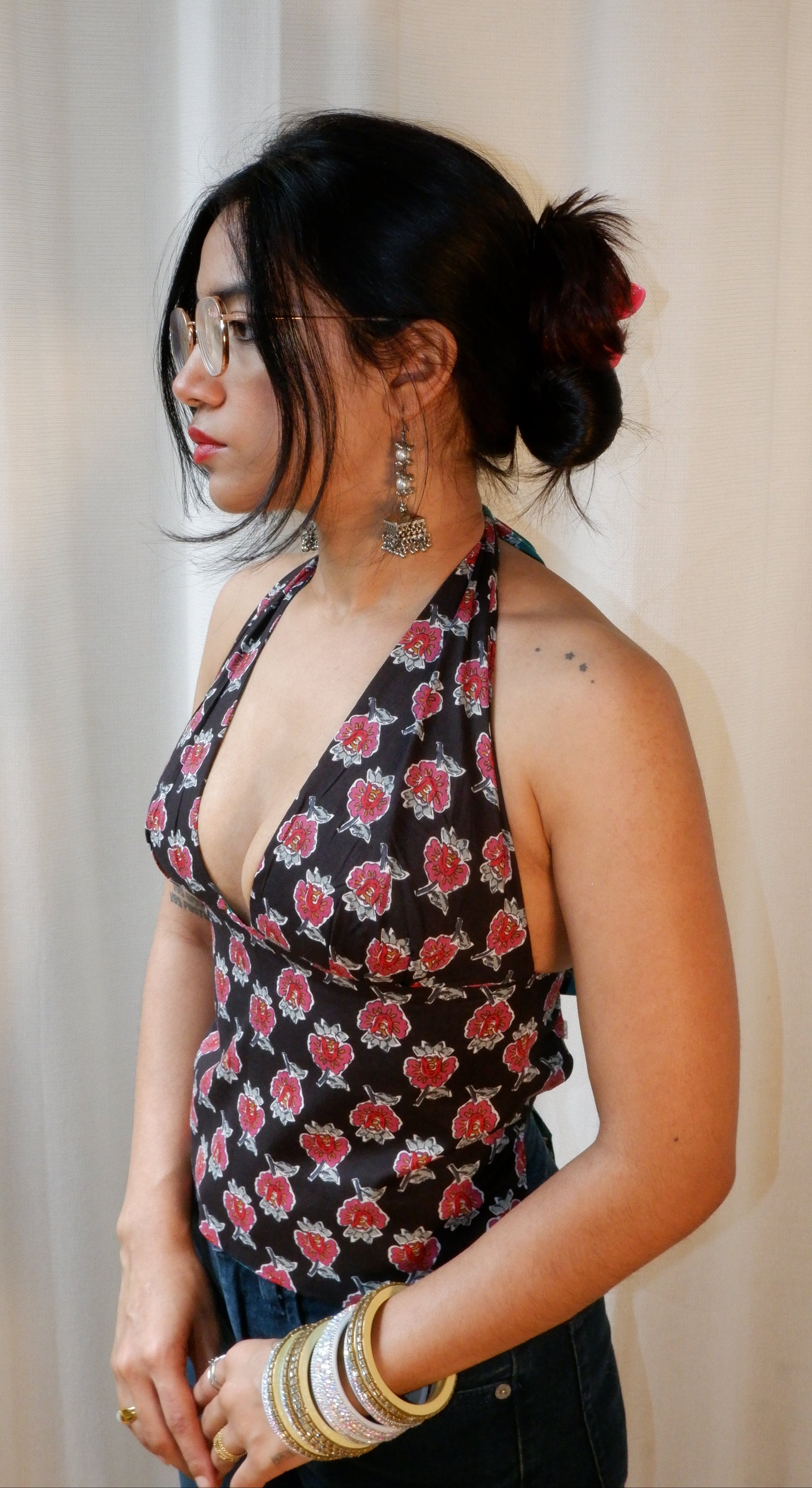 Backless GEET halter neck top in pure cotton with a playful moonlit print.