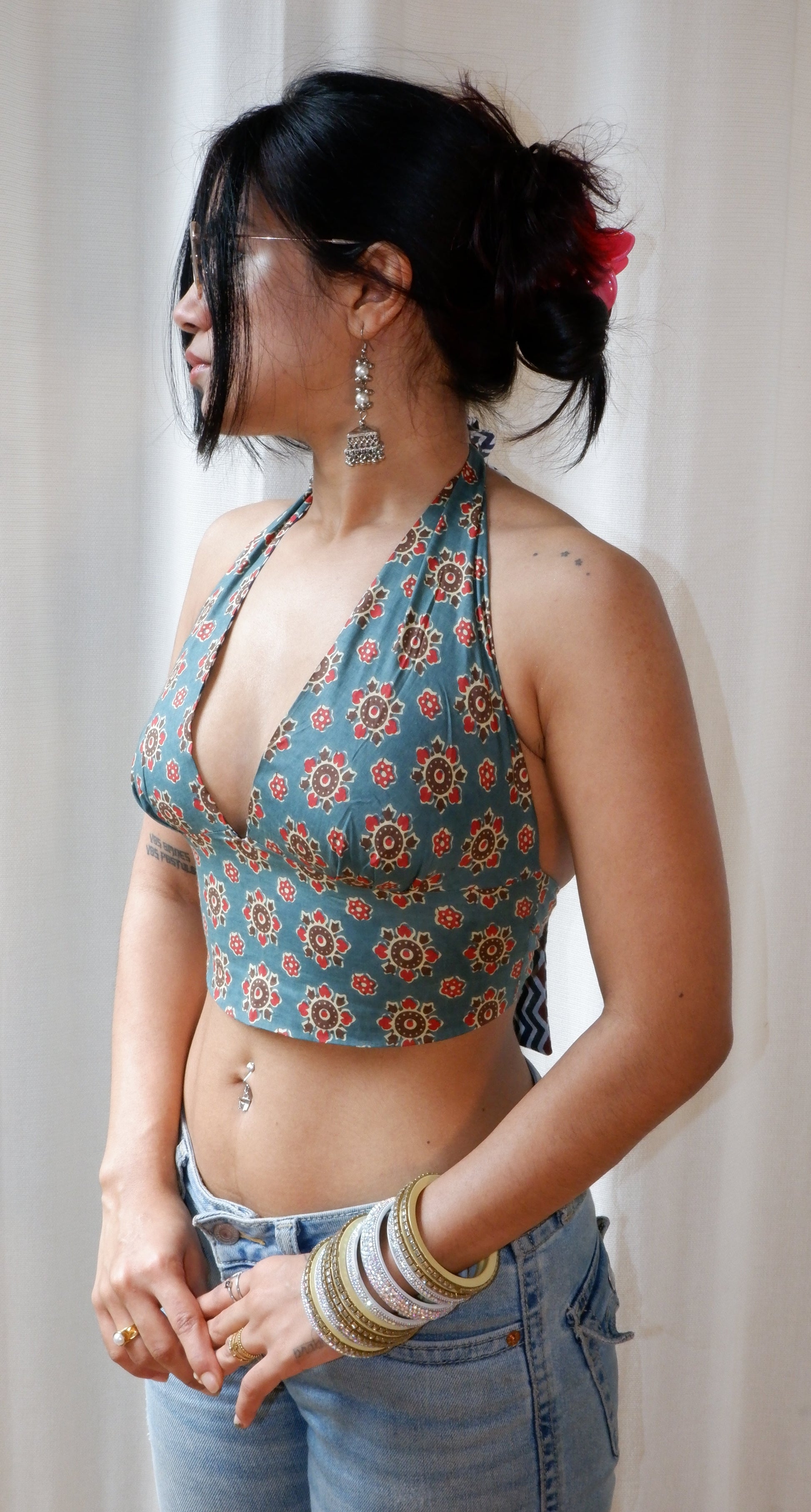 Backless GEET halter neck crop top in pure cotton with a playful wildstripe print.