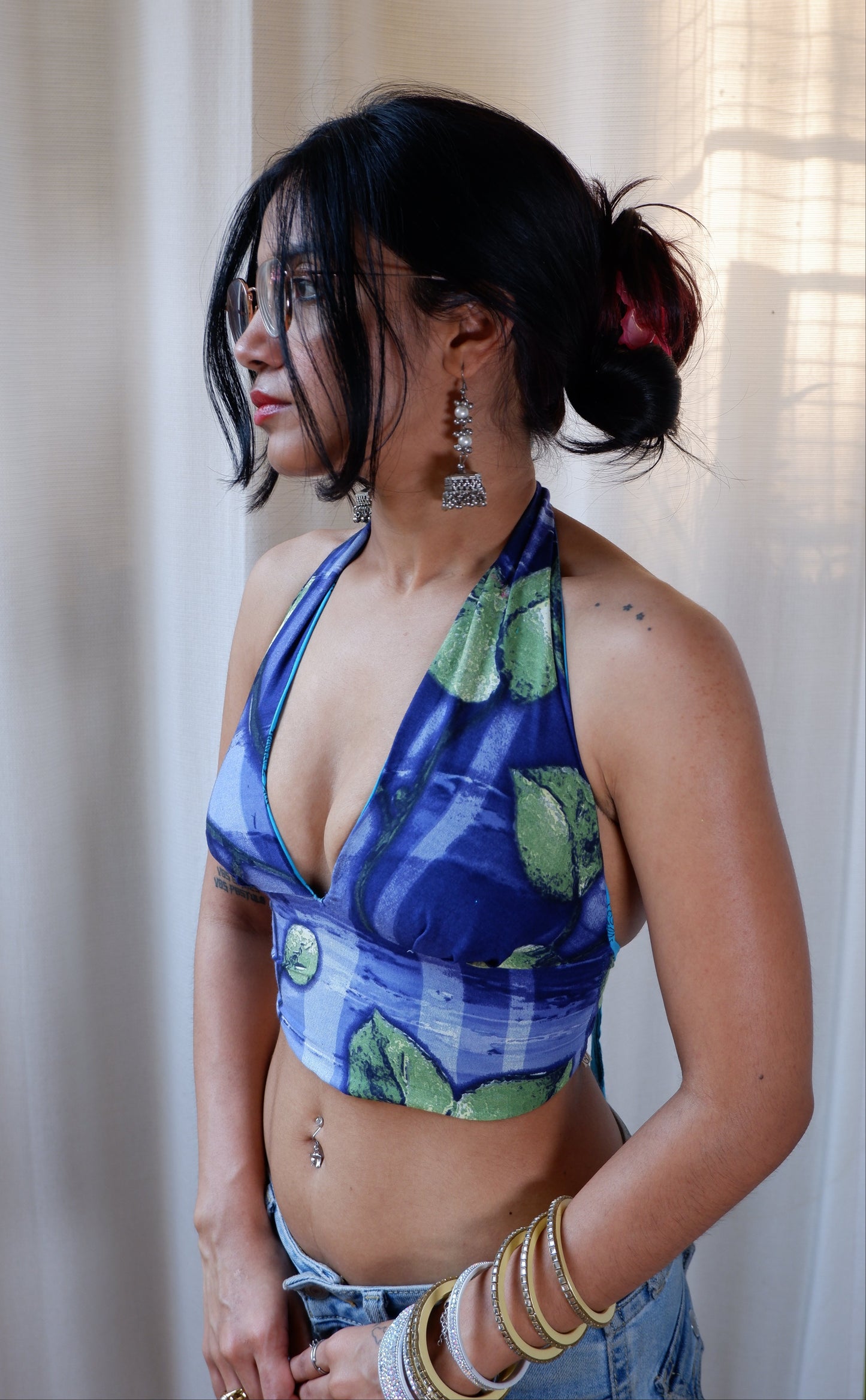 Backless GEET halter neck top in pure cotton with a playful blue bloom print.