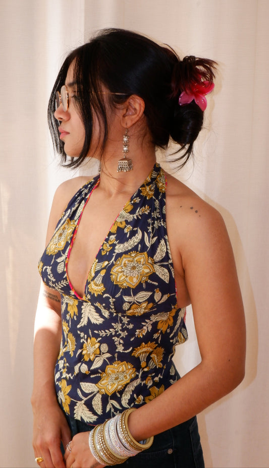 Backless GEET halter neck top in pure cotton with a playful Rose After Dark print.
