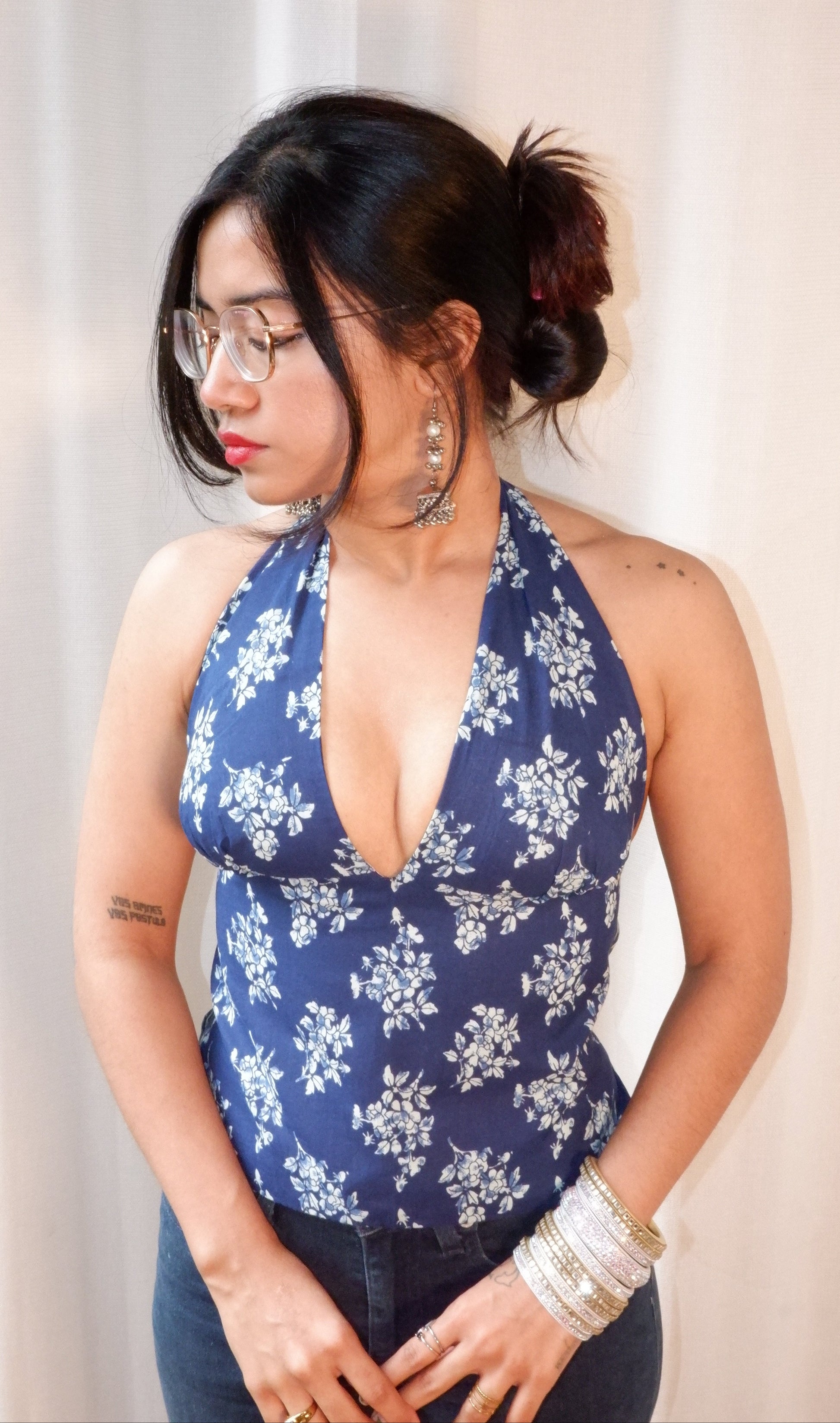 Backless halter neck top in pure cotton with a playful blueberry print.