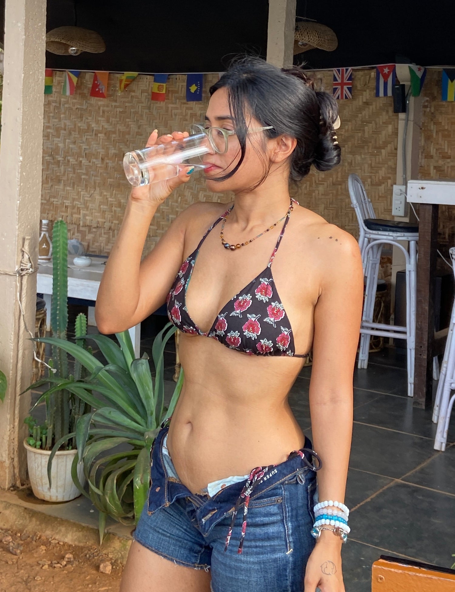 Trendy reversible bikini set with a classic triangle top and tie-up bottoms