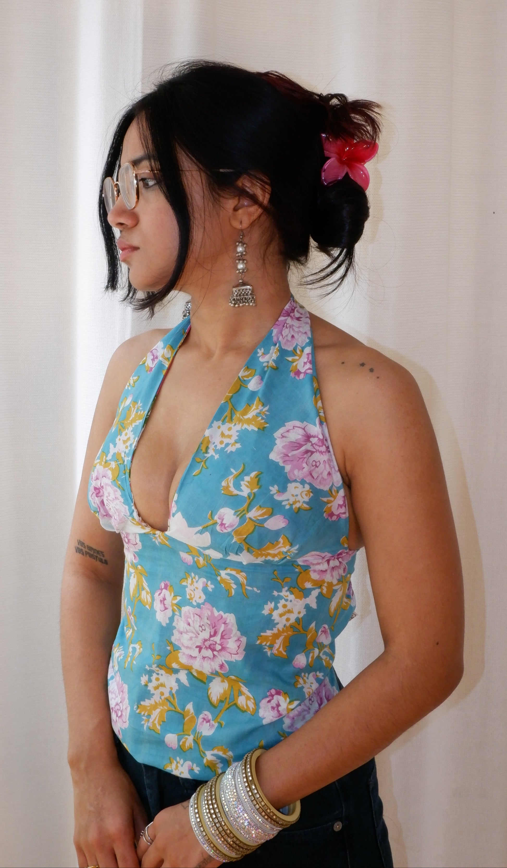 Backless GEET halter neck top in pure cotton with a playful dreamcore drip print.