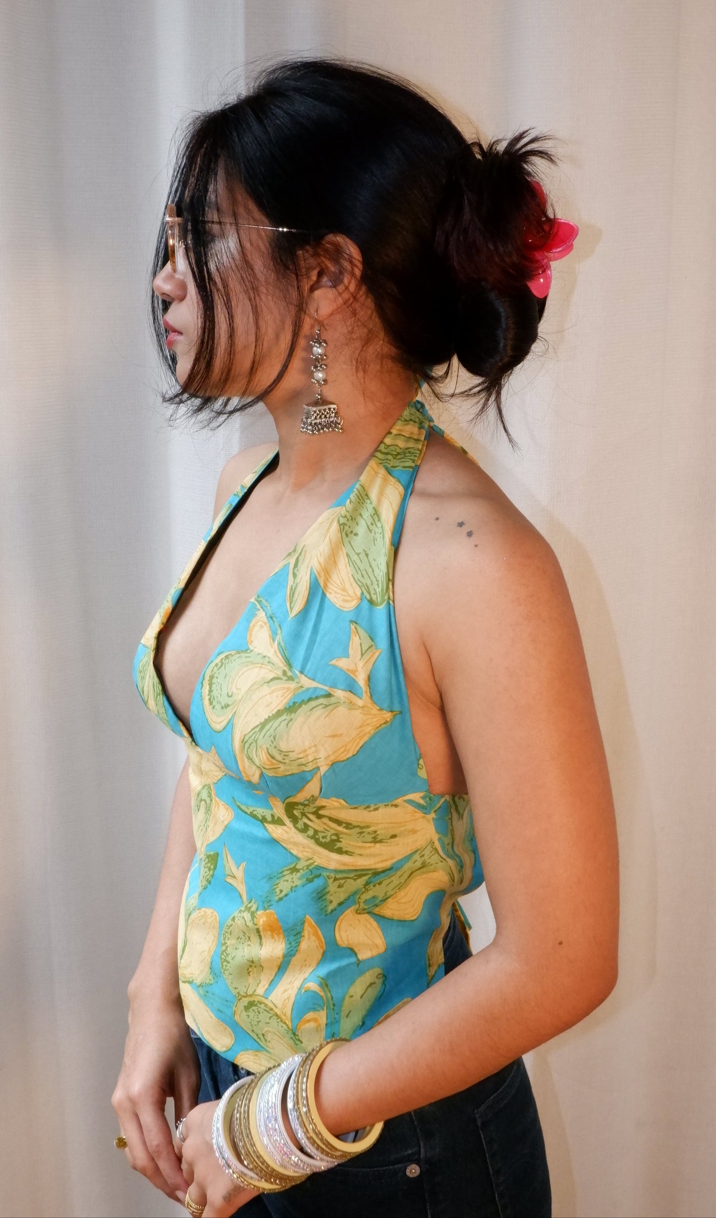 Backless GEET halter neck top in pure cotton with a playful tropical bloom print.