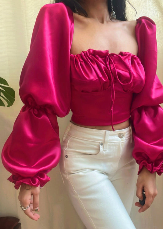 Magenta Satin Milkmaid Top