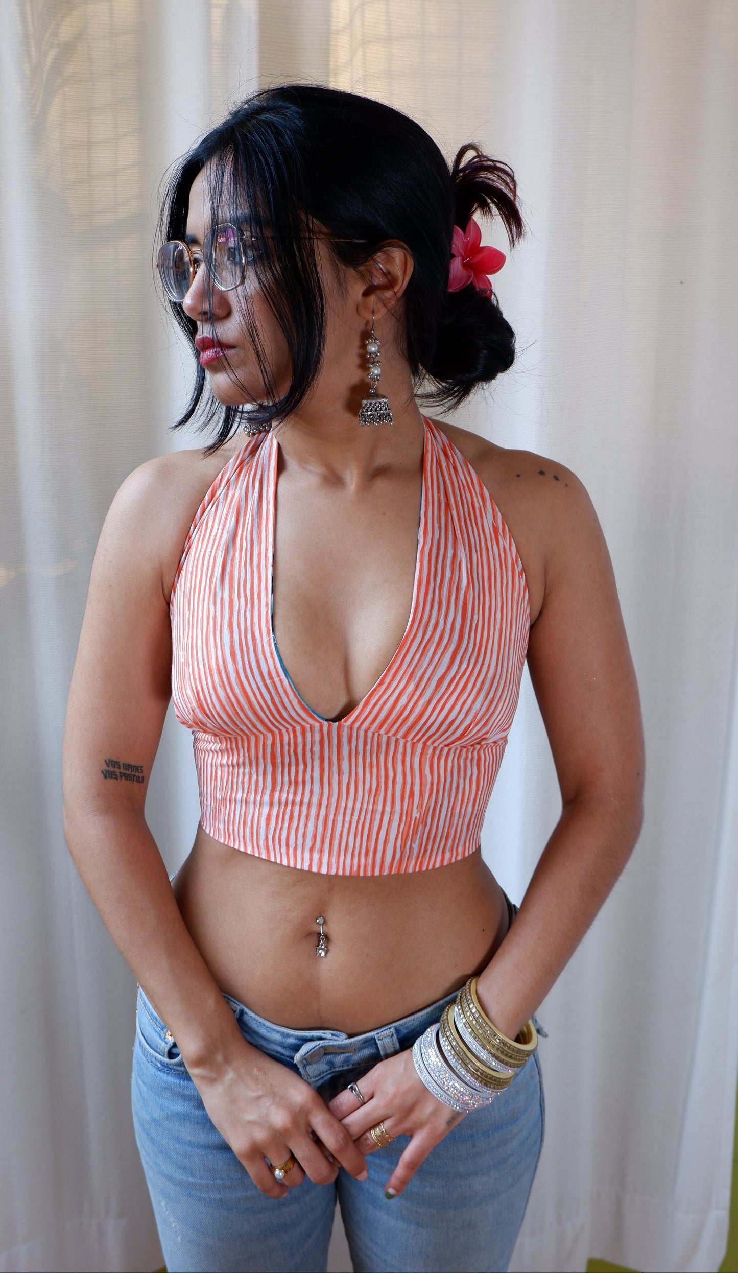 Backless GEET halter neck top in pure cotton with a playful coral tide print.