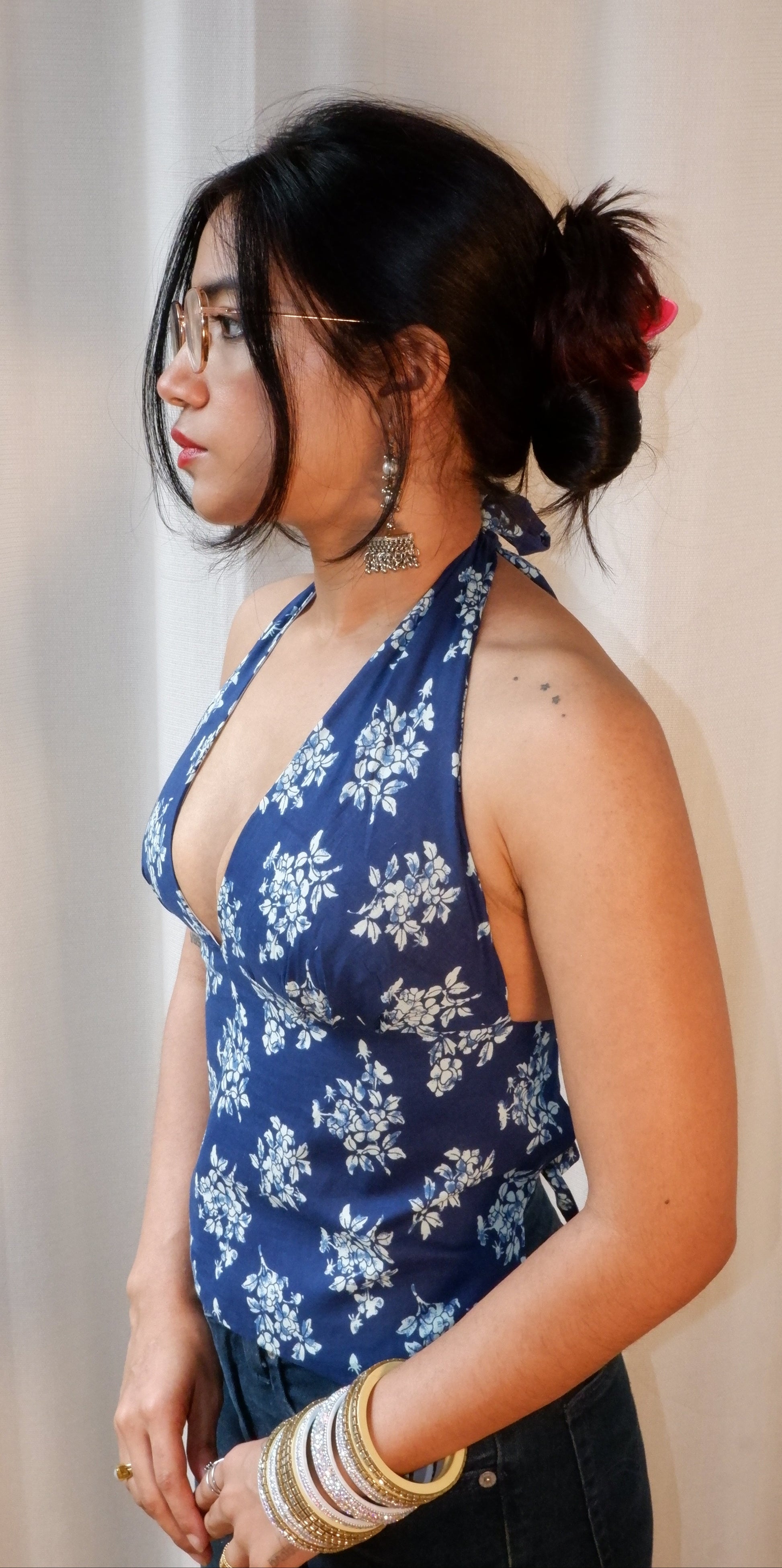 Backless halter neck top in pure cotton with a playful blueberry print.