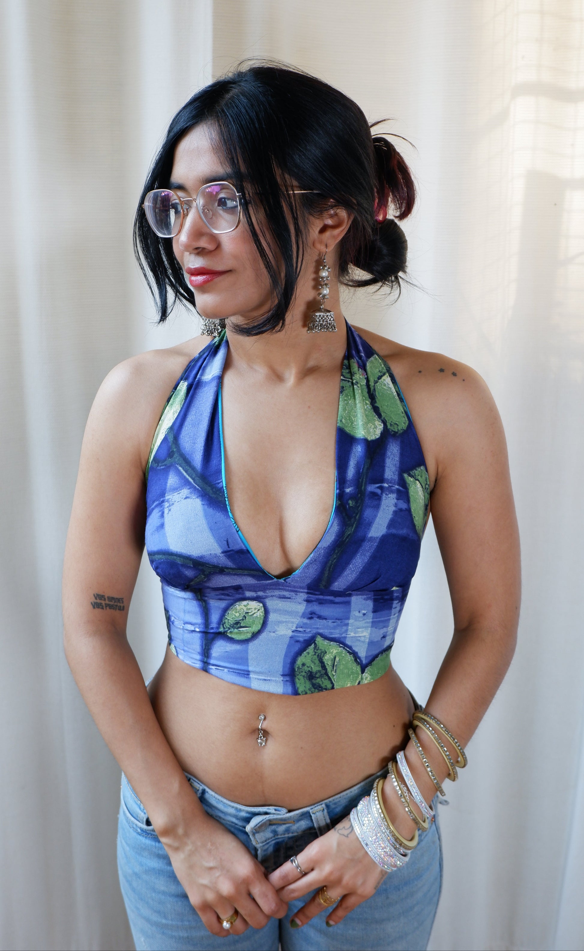 Backless GEET halter neck top in pure cotton with a playful blue bloom print.