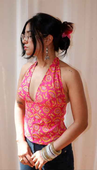 Backless GEET halter neck top in pure cotton with a playful Rose After Dark print.
