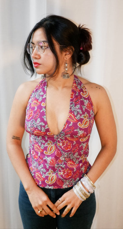 Backless GEET halter neck top in pure cotton with a playful royal garden print.