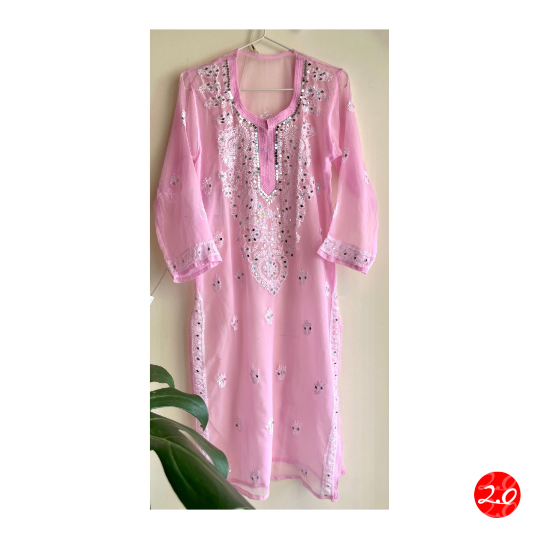 Pastel Pink Mirror Chikankari Kurti