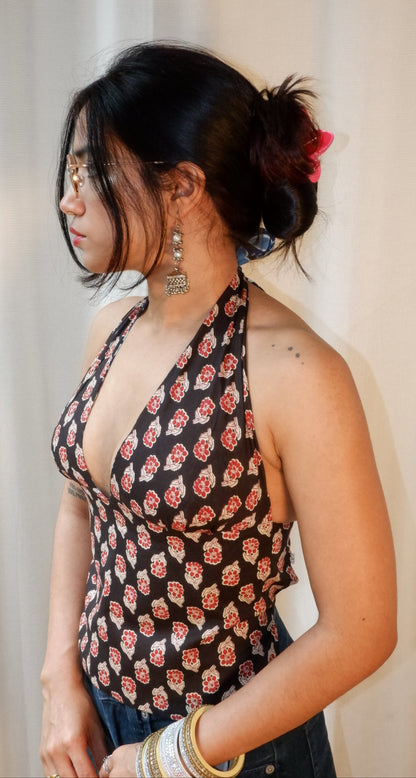 Backless GEET halter neck top in pure cotton with a playful twilight print.