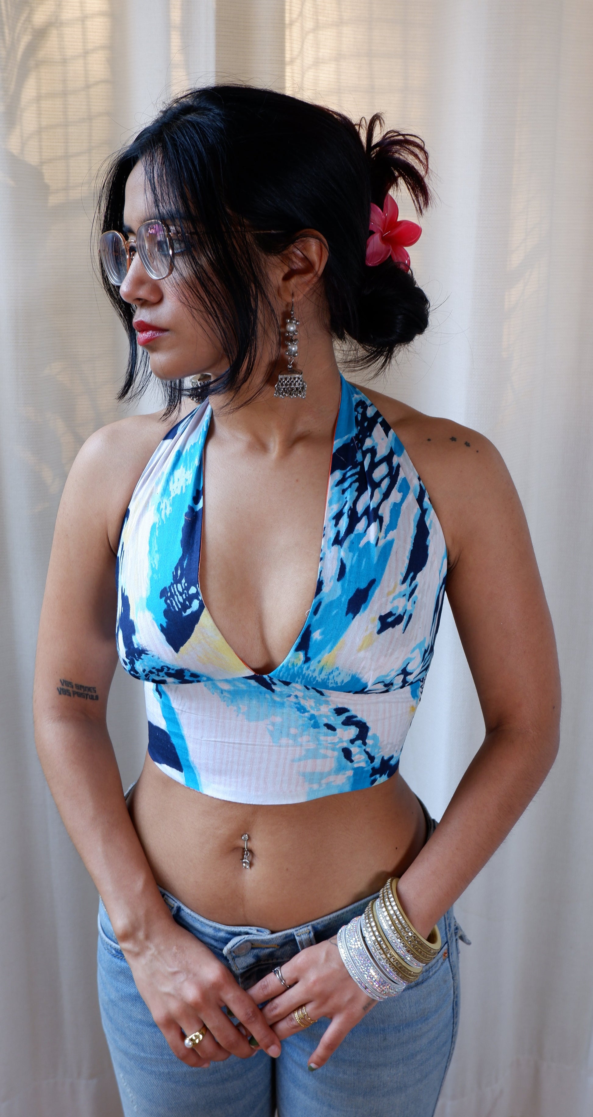 Backless GEET halter neck top in pure cotton with a playful coral tide print.