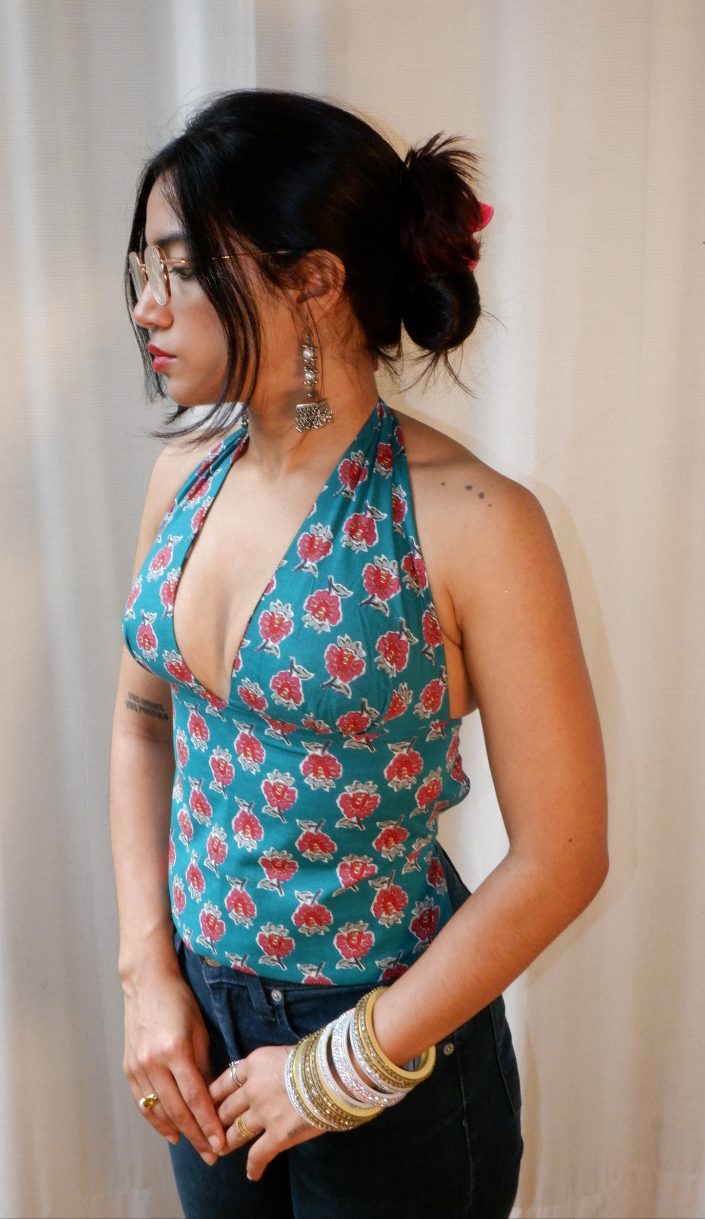 Backless GEET halter neck top in pure cotton with a playful moonlit print.