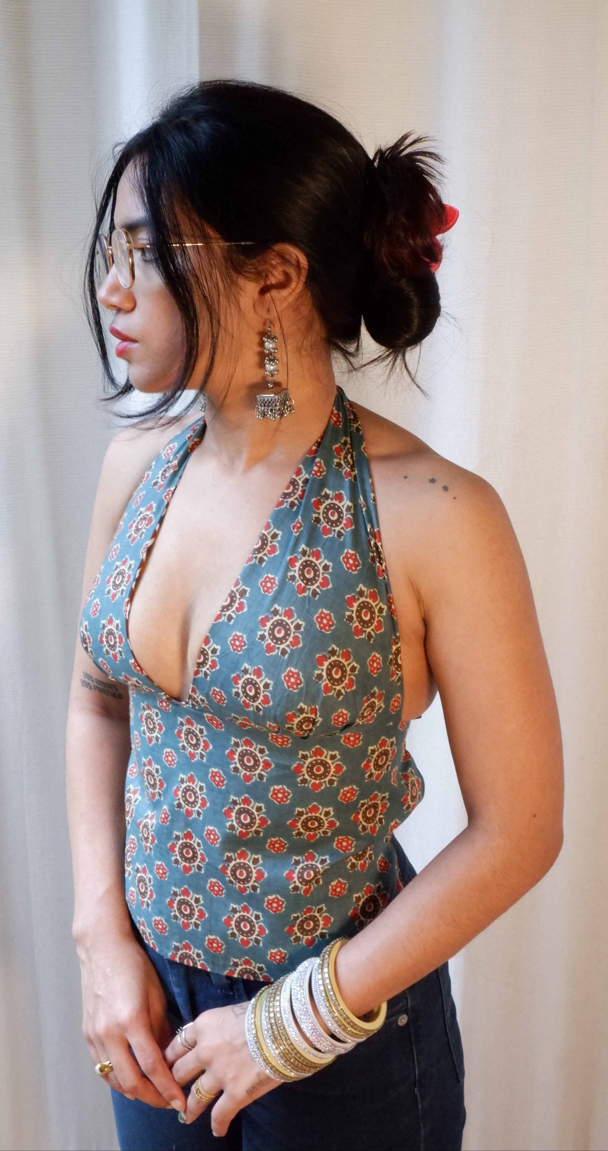 Backless GEET halter neck top in pure cotton with a playful wildstripe print.