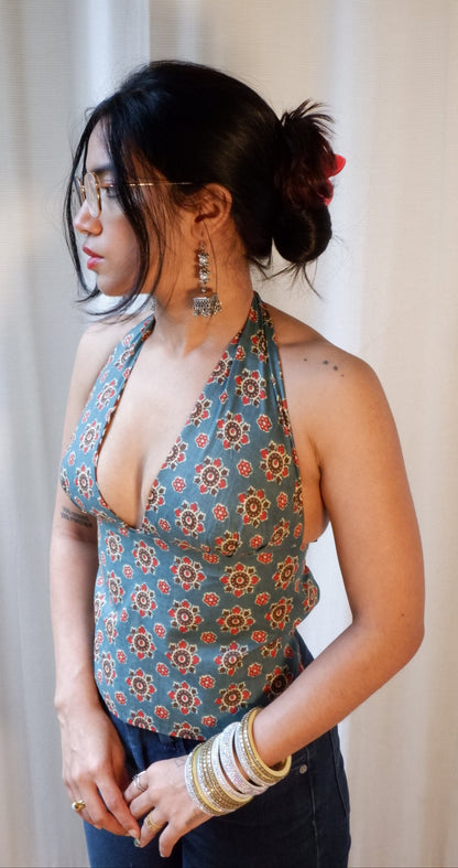 Backless GEET halter neck top in pure cotton with a playful wildstripe print.