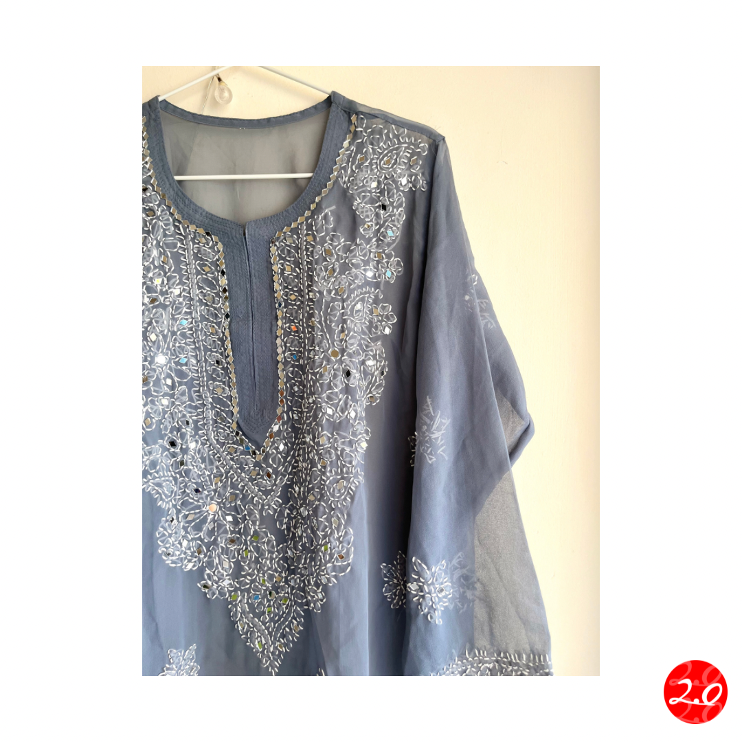 Pearl-Grey Mirror Chikankari Kurti