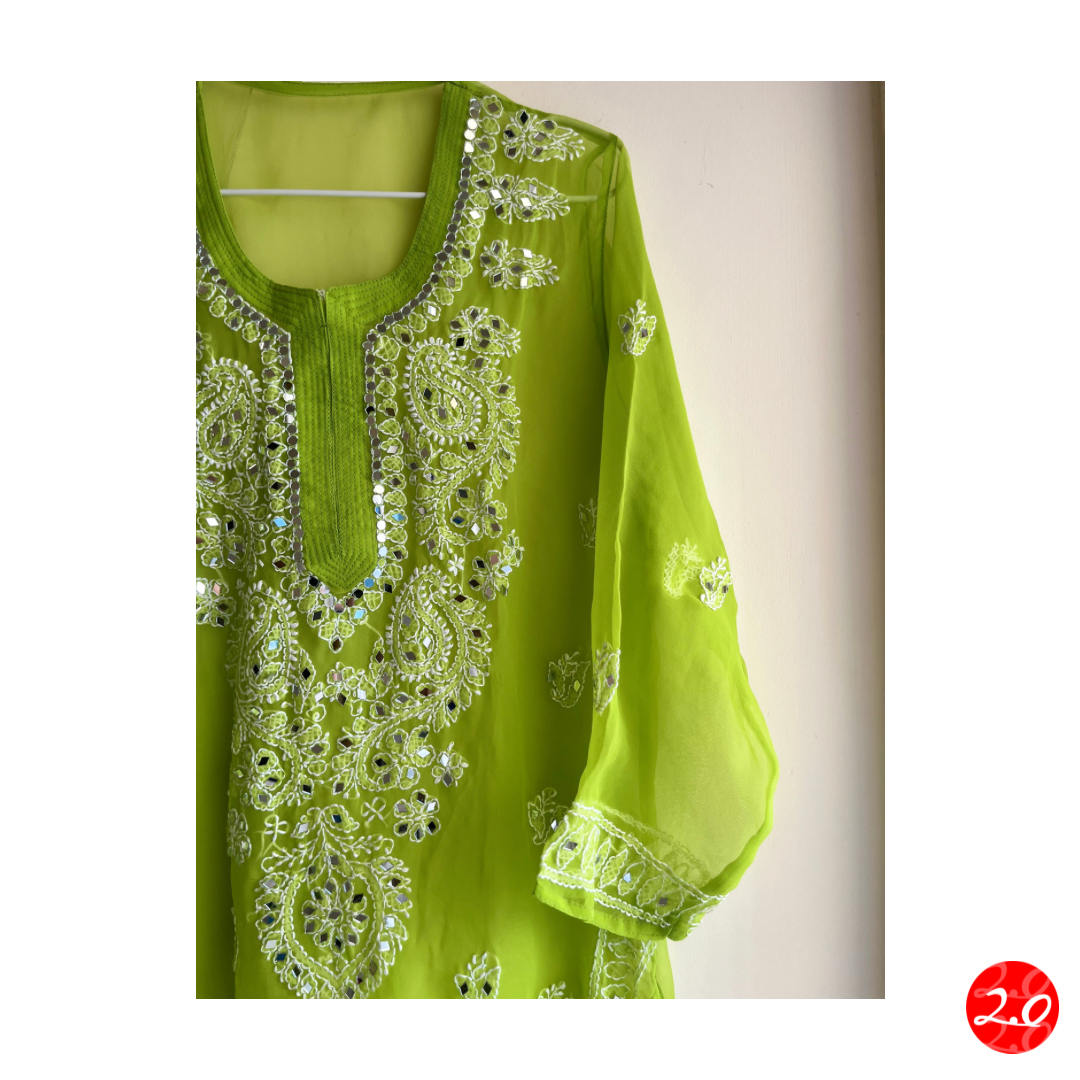 Green Mirror Chikankari Kurti