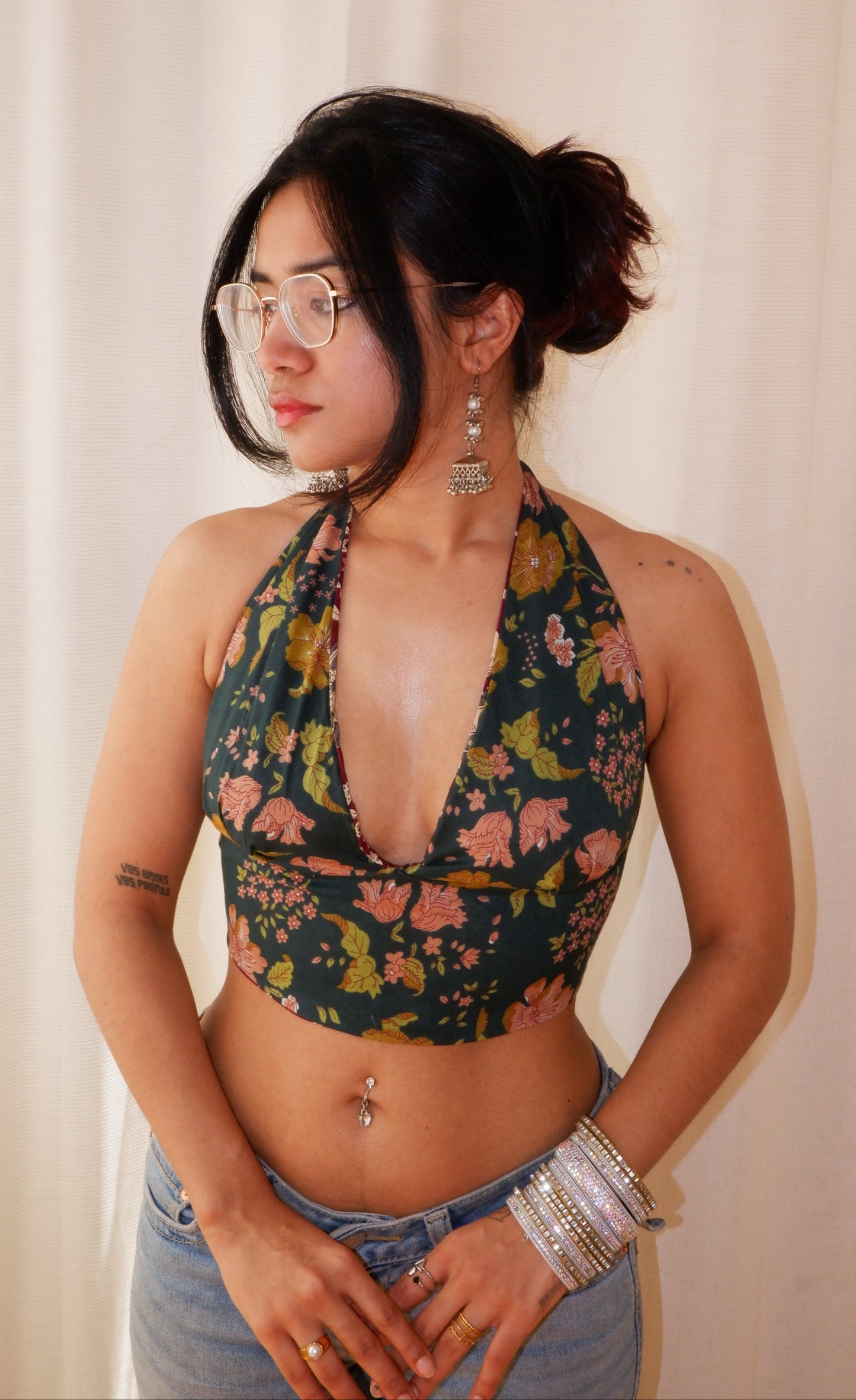 Backless GEET halter neck crop top in pure cotton with a playful lilac forest print.