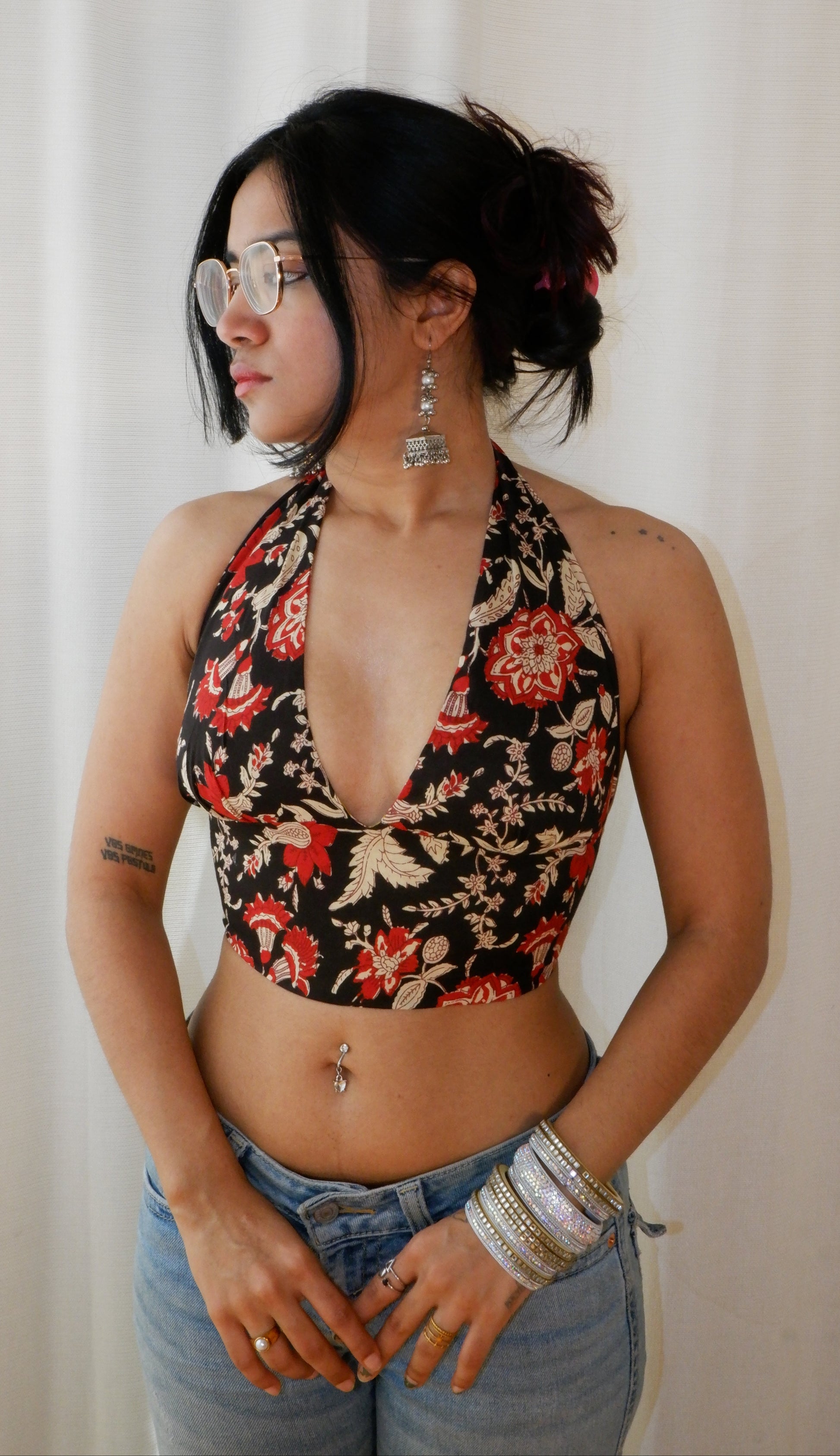 Backless GEET halter neck crop top in pure cotton with a playful goldrush print.